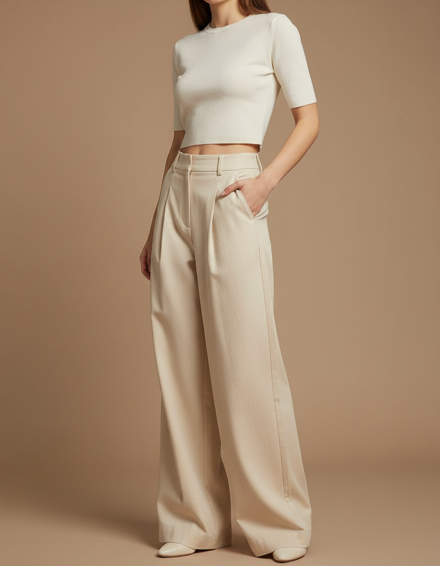 Pantalon Chino Beige Plissé Large Femme Élégant - Gabardine