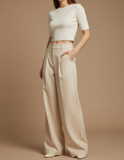 Pantalon Chino Beige Plissé Large Femme Élégant - Gabardine