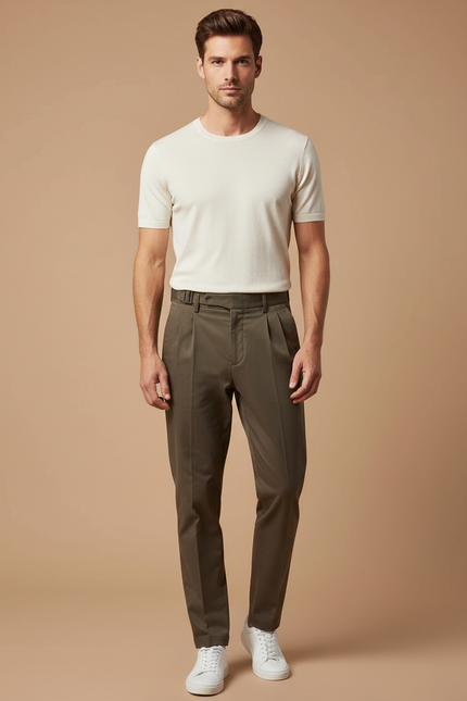 Pantalon Chino Homme Vert Olive Plissé Décontracté - Gabardine