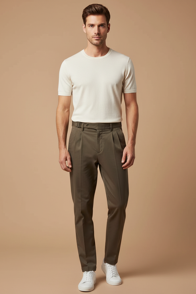 Pantalon Chino Homme Vert Olive Plissé Décontracté - Gabardine