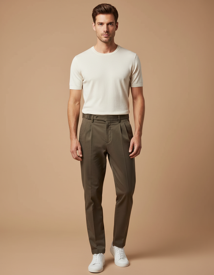 Pantalon Chino Homme Vert Olive Plissé Décontracté - Gabardine