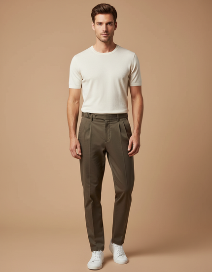 Pantalon Chino Homme Vert Olive Plissé Décontracté - Gabardine