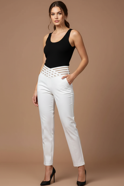 Pantalon Chino Blanc Taille Haute Élastique Élégant Femme - Gabardine