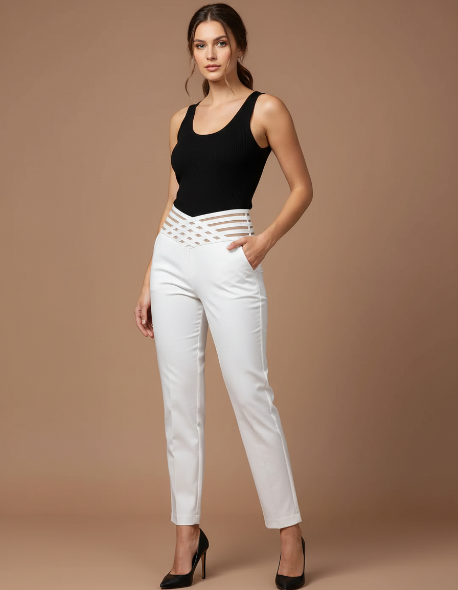 Pantalon Chino Blanc Taille Haute Élastique Élégant Femme - Gabardine