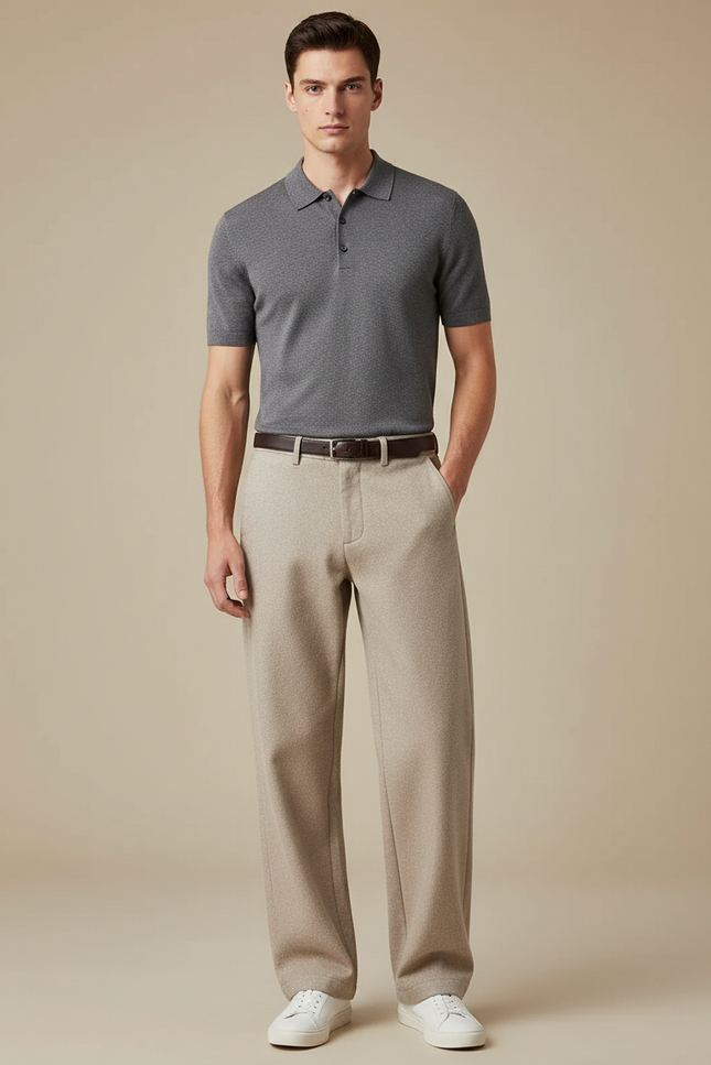 Pantalon Chino Beige Laine Droit Décontracté Homme