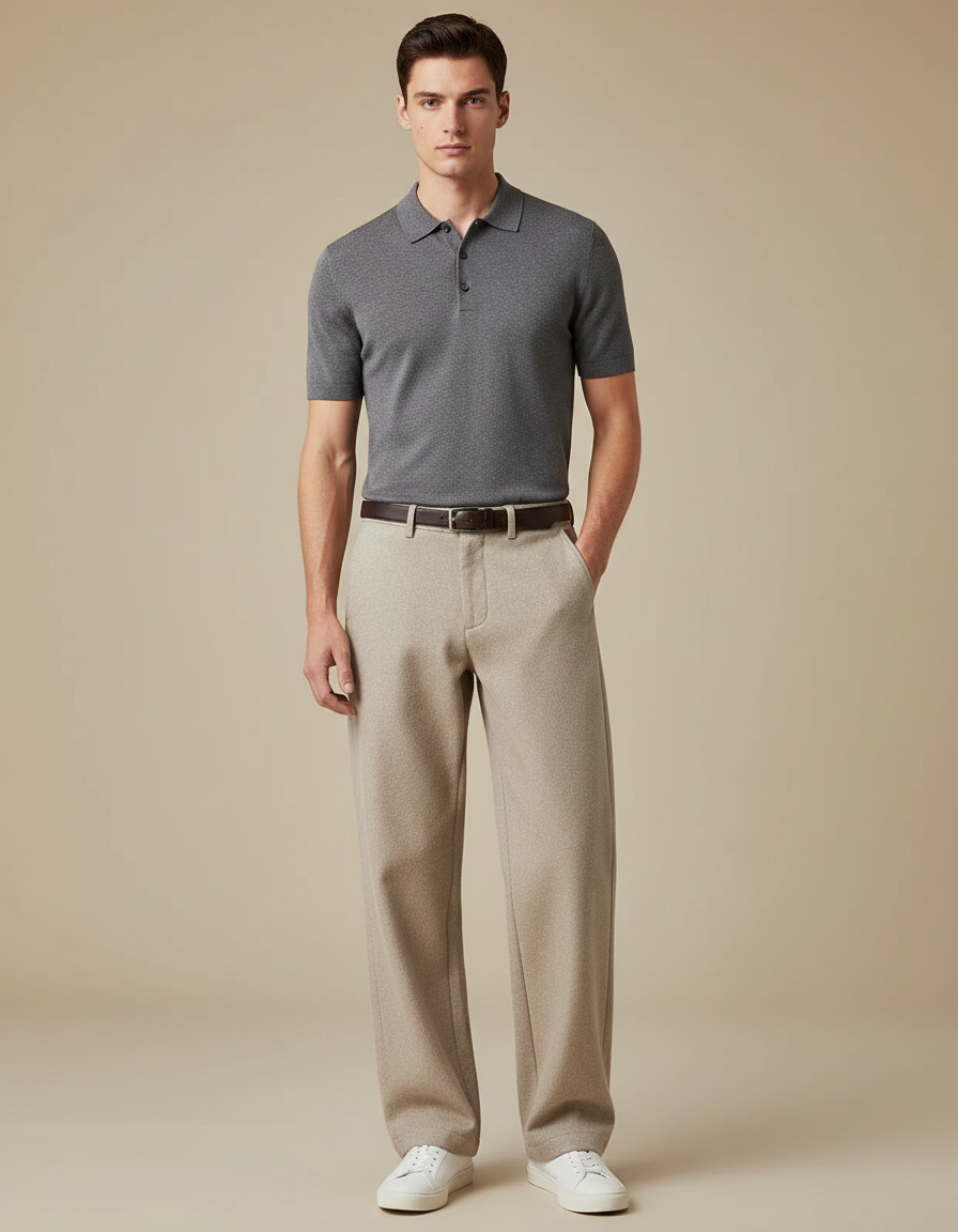 Pantalon Chino Beige Laine Droit Décontracté Homme