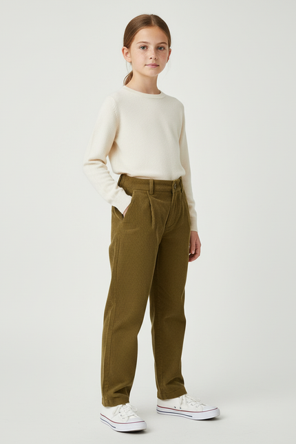 Pantalon Chino Côtelé Vert Olive Ample Enfant - Kaki Cordé