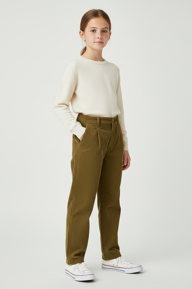 Pantalon Chino Côtelé Vert Olive Ample Enfant - Kaki Cordé