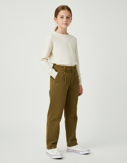 Pantalon Chino Côtelé Vert Olive Ample Enfant - Kaki Cordé