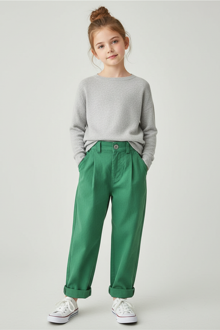 Pantalon Chino Vert Coton Ample Décontracté Enfant - Gabardine
