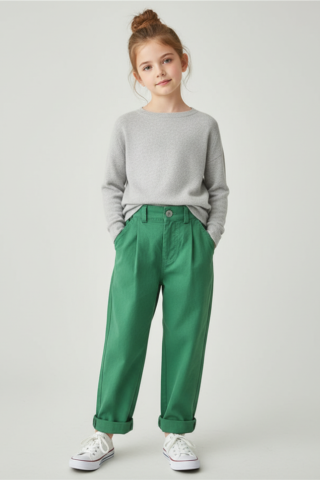 Pantalon Chino Vert Coton Ample Décontracté Enfant - Gabardine