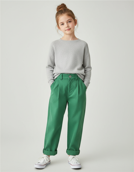 Pantalon Chino Vert Coton Ample Décontracté Enfant - Gabardine