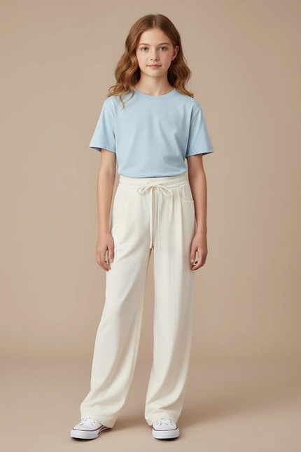 Pantalon Chino Crème Fluide Ample Décontracté Fille - Beige Viscose
