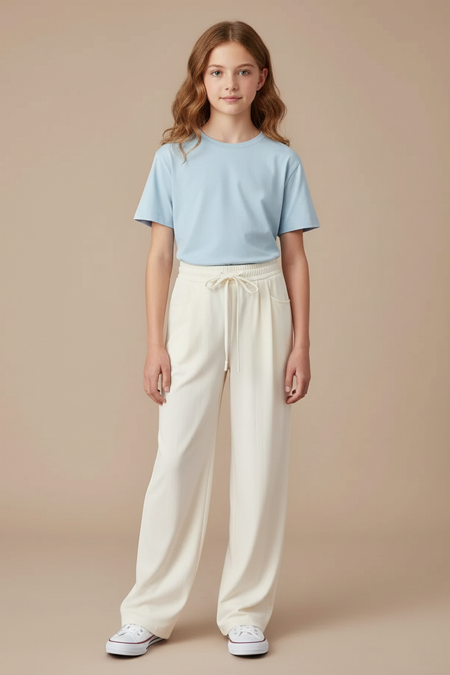 Pantalon Chino Crème Fluide Ample Décontracté Fille - Beige Viscose