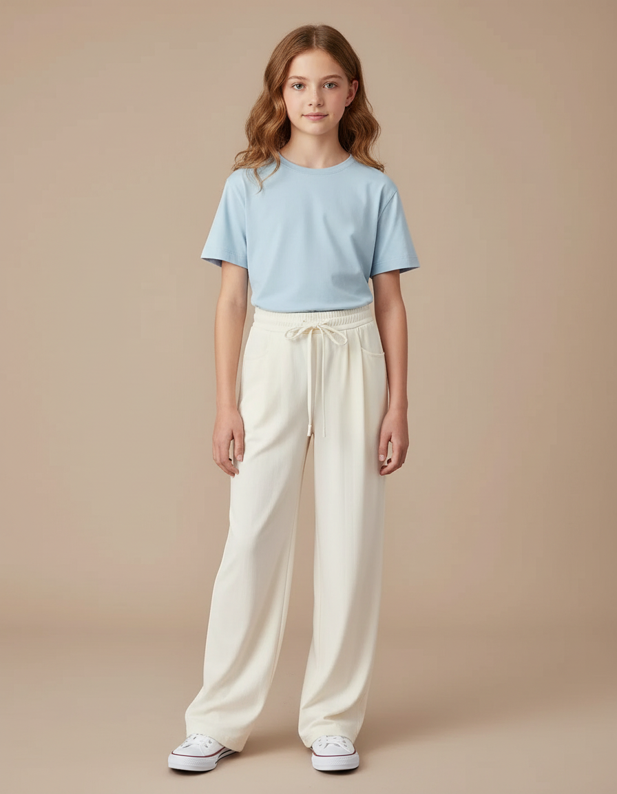 Pantalon Chino Crème Fluide Ample Décontracté Fille - Beige Viscose