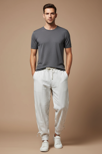 Pantalon Chino Blanc Rayé Lin Ample Cordon