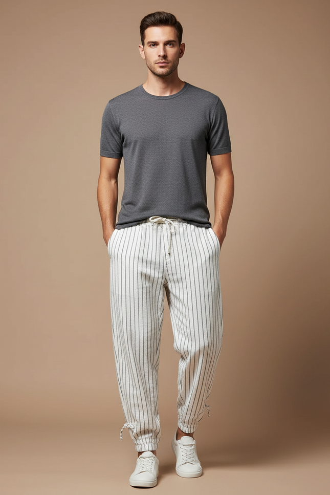 Pantalon Chino Blanc Rayé Lin Ample Cordon
