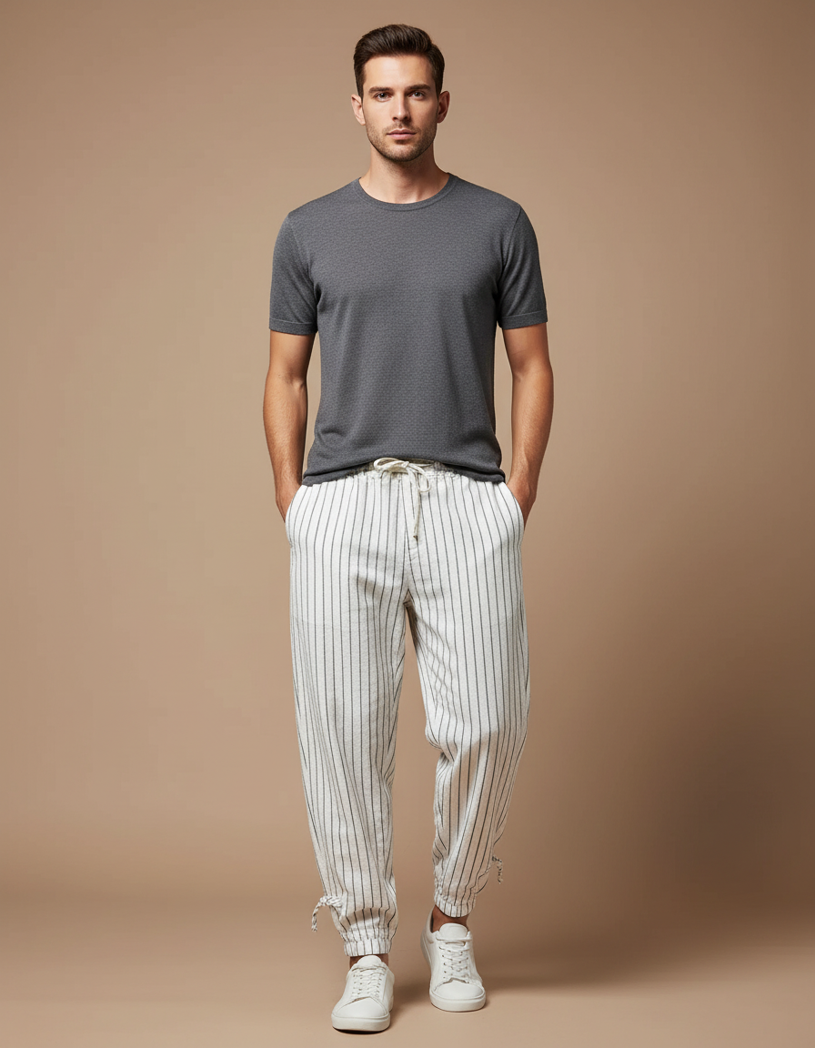 Pantalon Chino Blanc Rayé Lin Ample Cordon