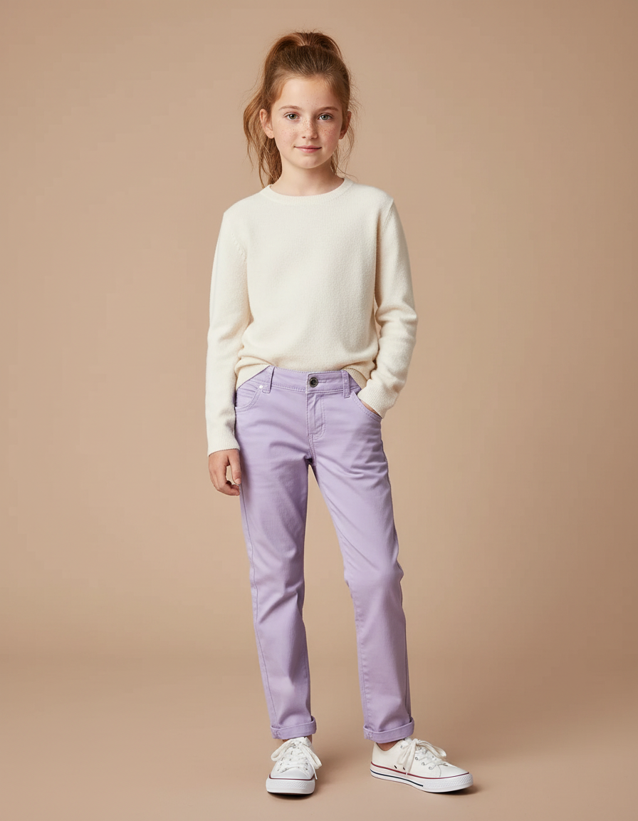 Pantalon Chino Lilas Coton Droit Décontracté Fille - Violet