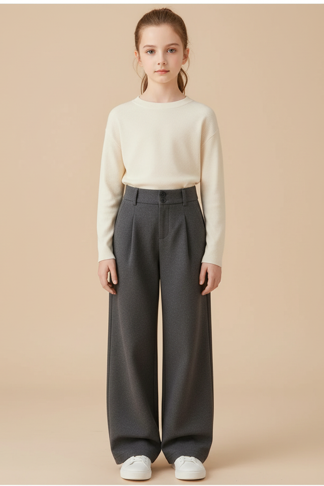 Pantalon Chino Gris Laine Ample Taille Haute