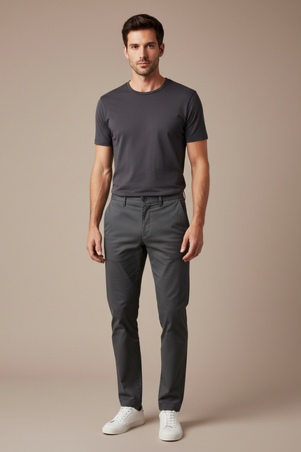Pantalon Chino Gris Coton Slim Décontracté Élégant Homme
