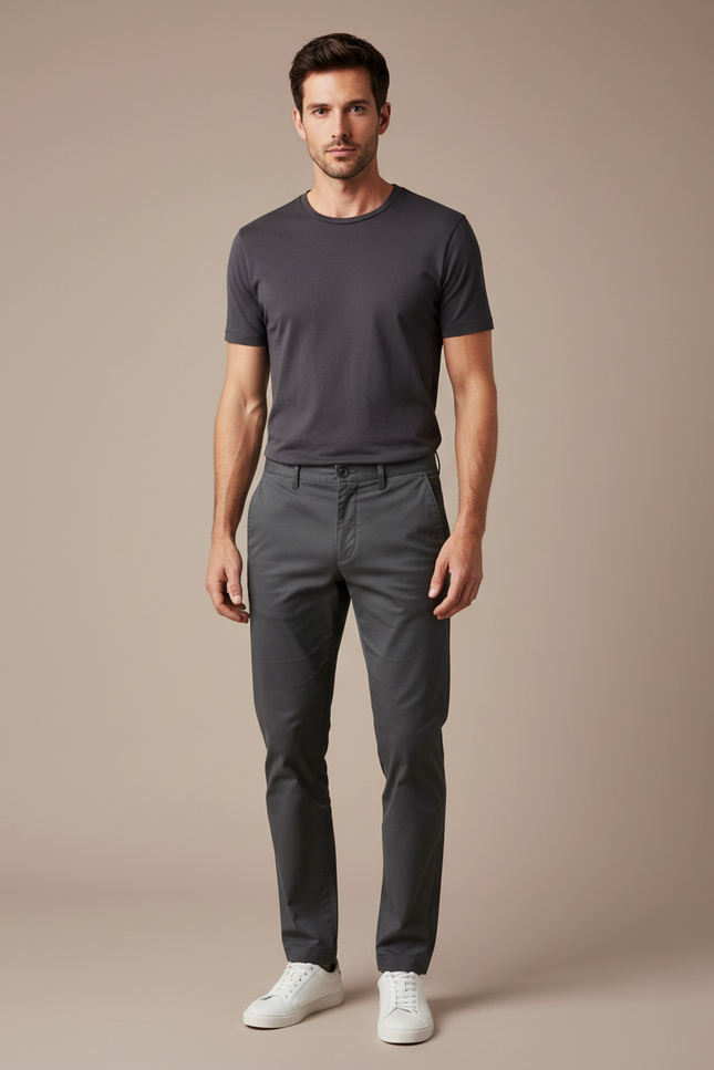 Pantalon Chino Gris Coton Slim Décontracté Élégant Homme
