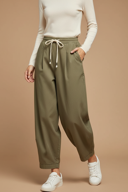 Pantalon Chino Vert Ample Cordon Femme - Kaki Gabardine