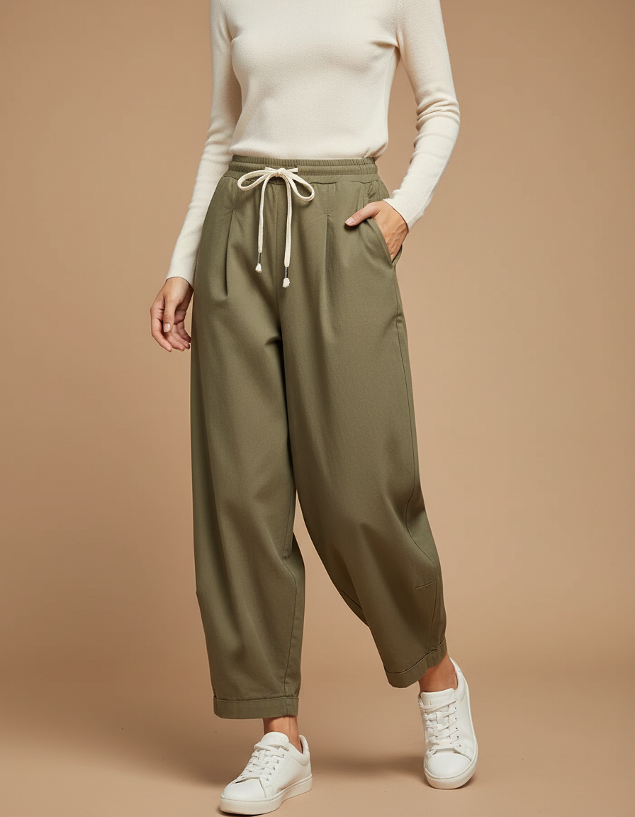 Pantalon Chino Vert Ample Cordon Femme - Kaki Gabardine