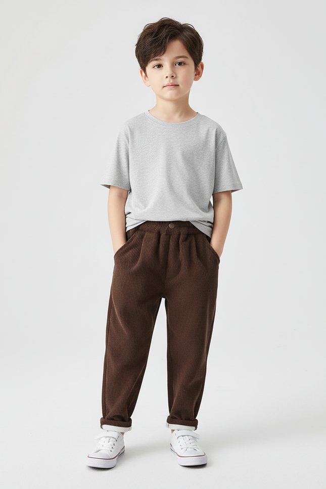 Pantalon Chino Garçon Marron Tapered Velours Côtelé Casual - Cordé