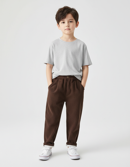 Pantalon Chino Garçon Marron Tapered Velours Côtelé Casual - Cordé