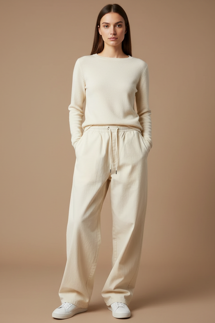 Pantalon Chino Crème Ample Cordon Décontracté Femme - Beige Coton