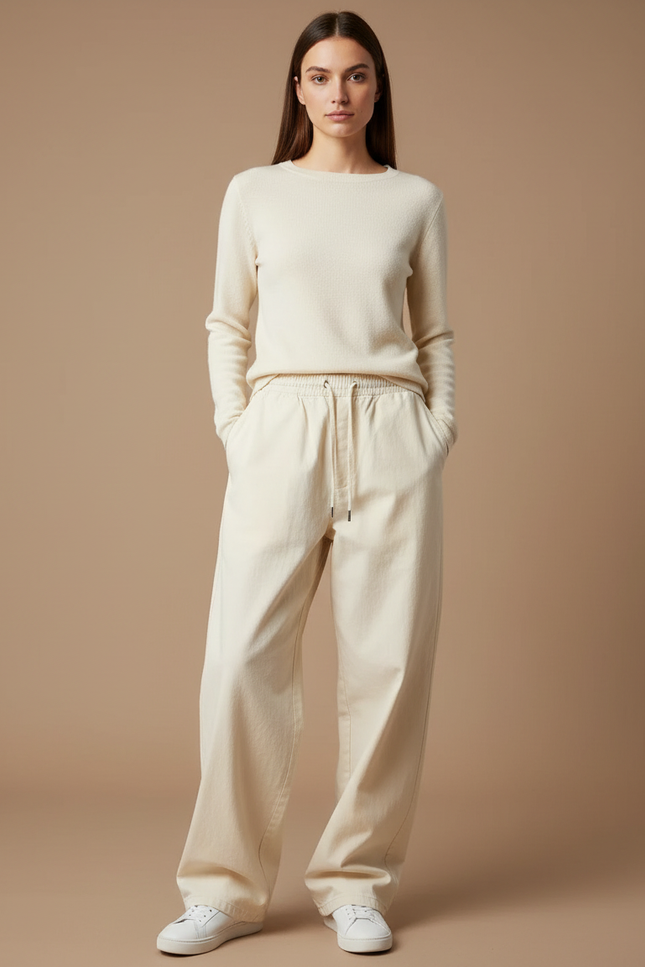 Pantalon Chino Crème Ample Cordon Décontracté Femme - Beige Coton