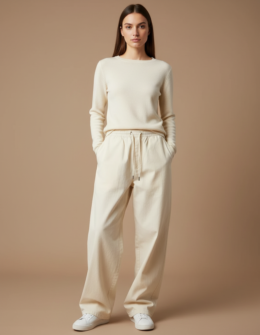 Pantalon Chino Crème Ample Cordon Décontracté Femme - Beige Coton