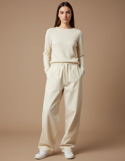Pantalon Chino Crème Ample Cordon Décontracté Femme - Beige Coton