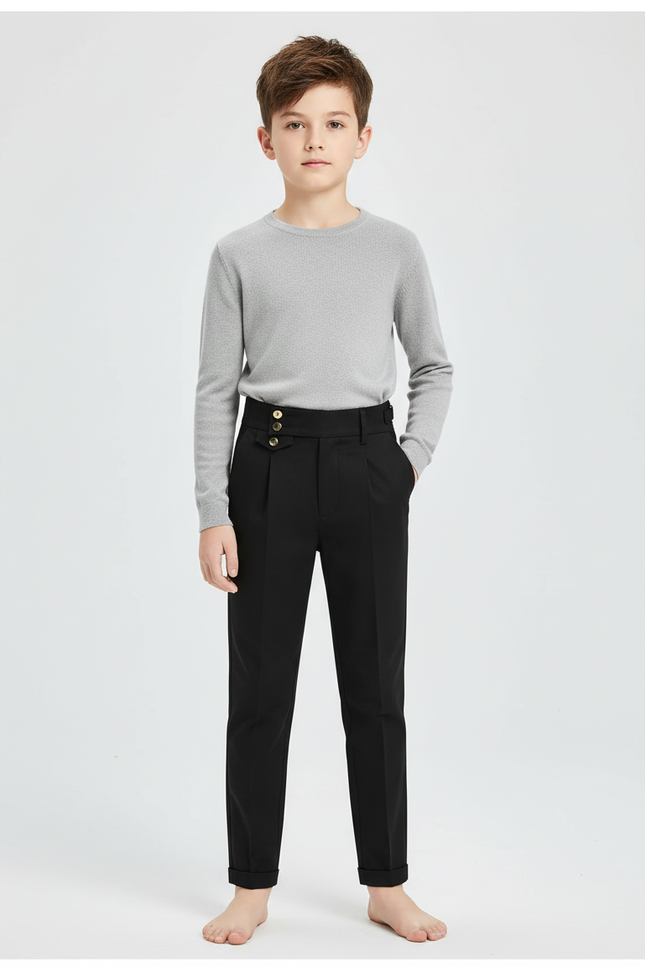 Pantalon Chino Noir Slim Boutons Dorés Élégant - Gabardine