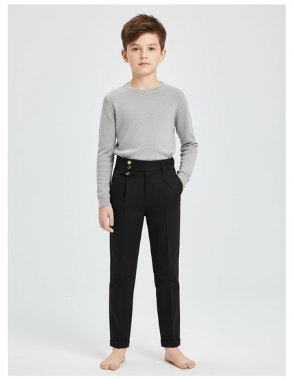 Pantalon Chino Noir Slim Boutons Dorés Élégant - Gabardine