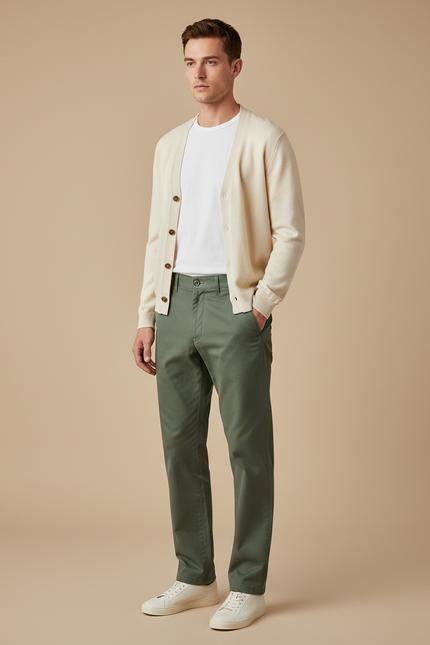 Pantalon Chino Vert Olive Coton Droit Décontracté Homme - Kaki