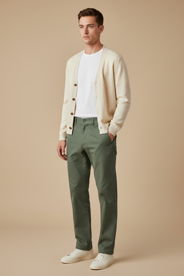 Pantalon Chino Vert Olive Coton Droit Décontracté Homme - Kaki