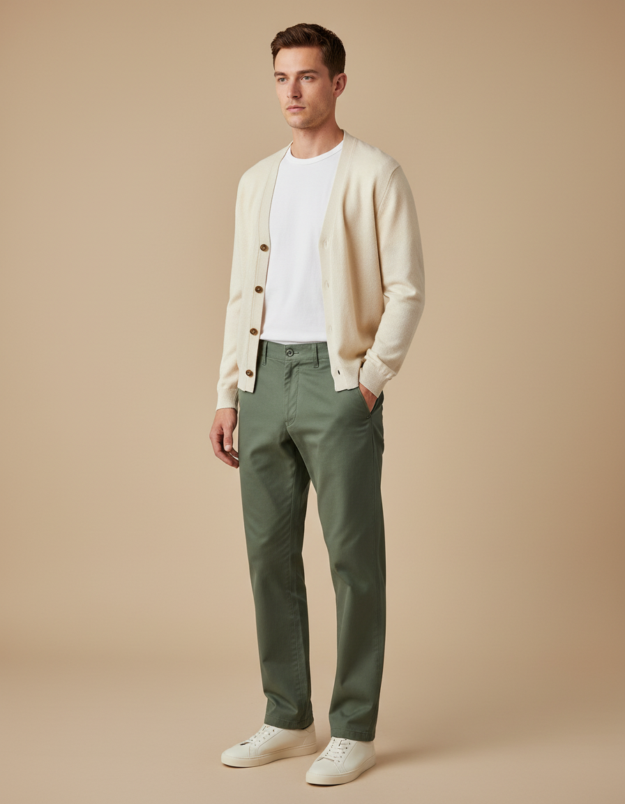 Pantalon Chino Vert Olive Coton Droit Décontracté Homme - Kaki