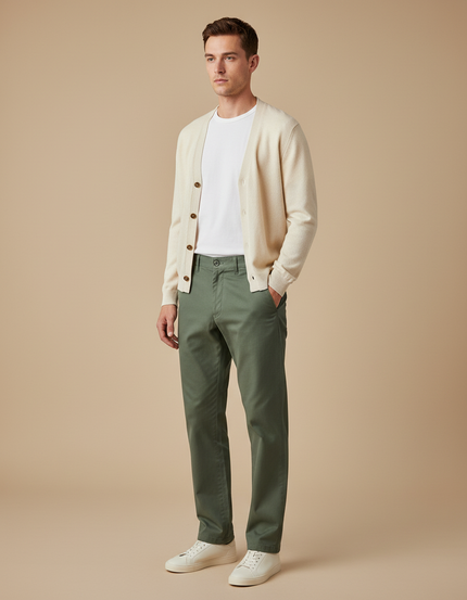 Pantalon Chino Vert Olive Coton Droit Décontracté Homme - Kaki