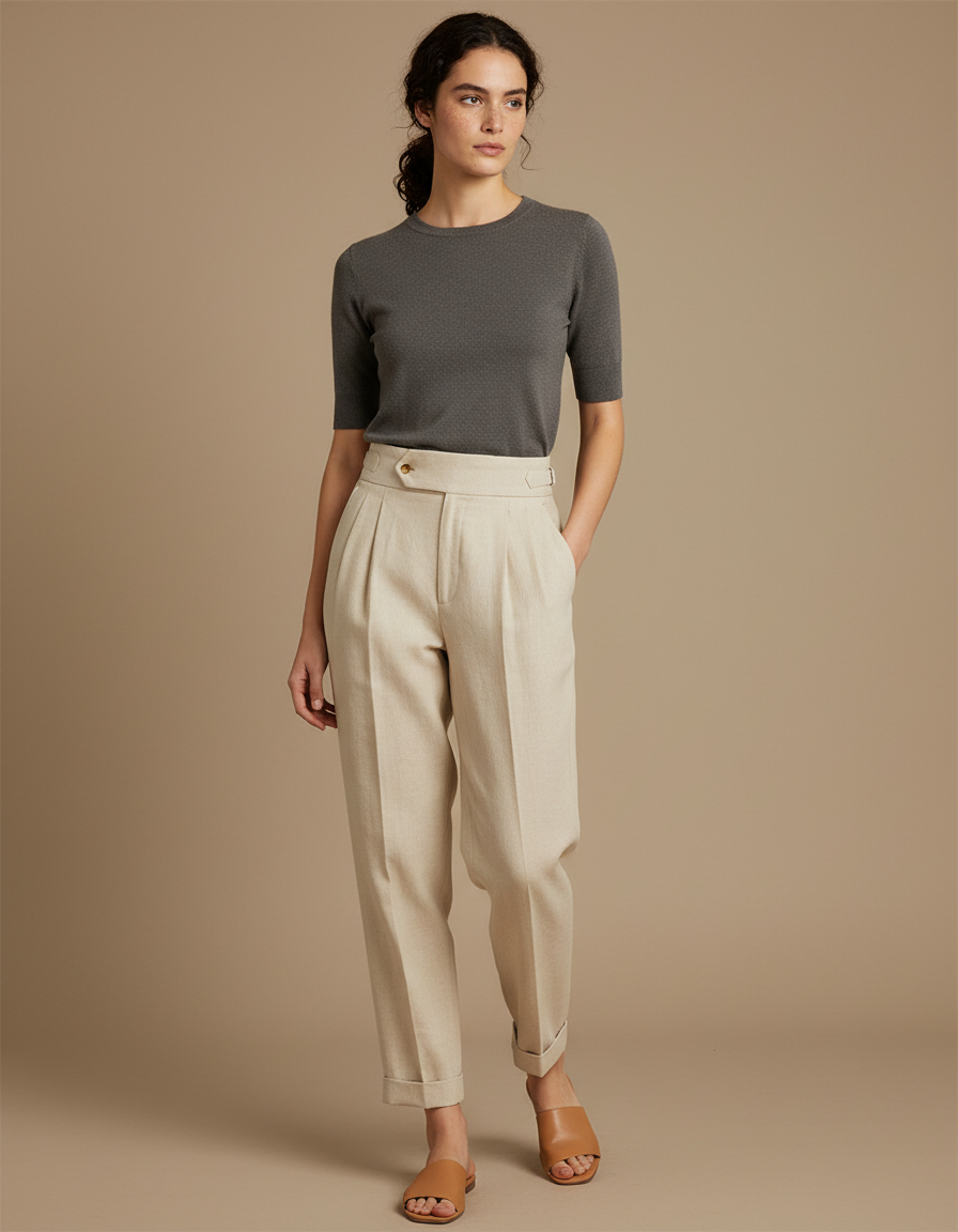 Pantalon Lin Chino Femme - Beige