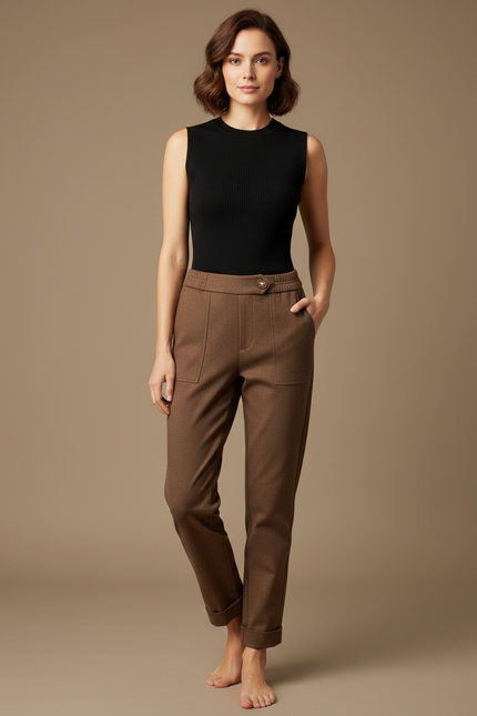 Pantalon Chino Marron Droit Coton Confortable Femme