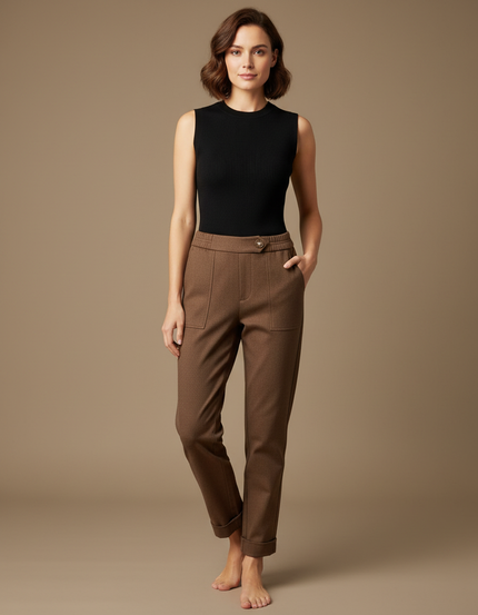Pantalon Chino Marron Droit Coton Confortable Femme