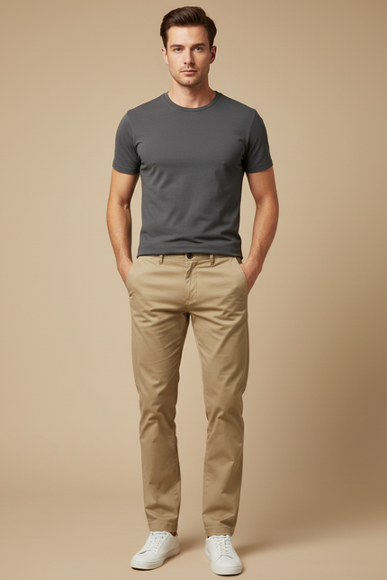 Pantalon Chino Kaki Coton Slim Homme Décontracté