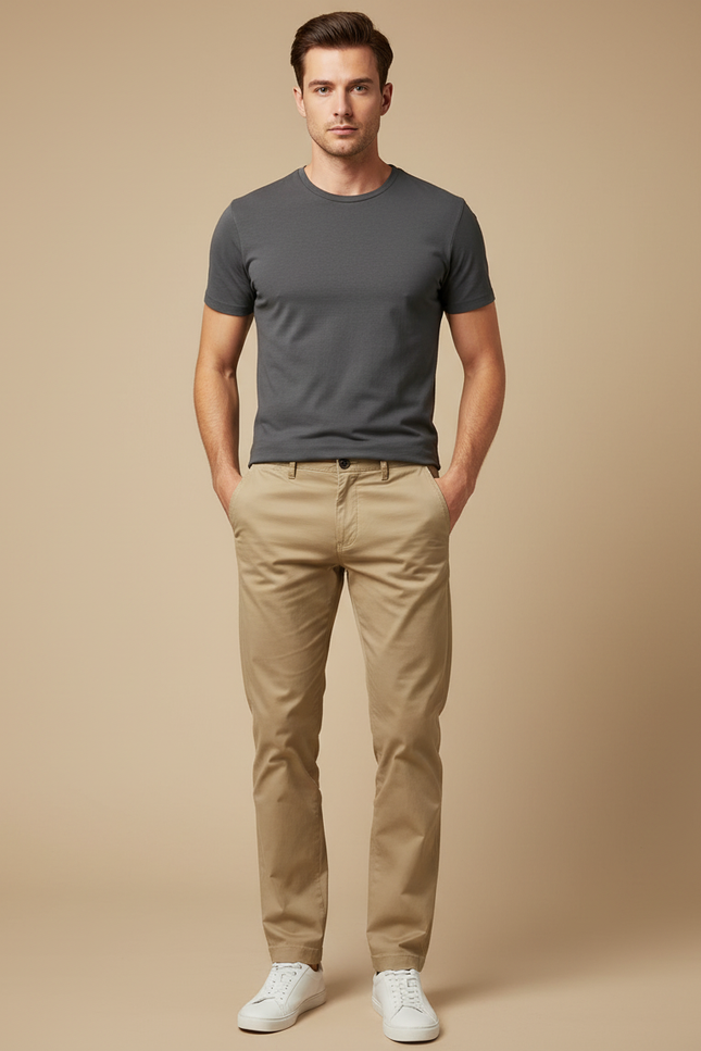 Pantalon Chino Kaki Coton Slim Homme Décontracté