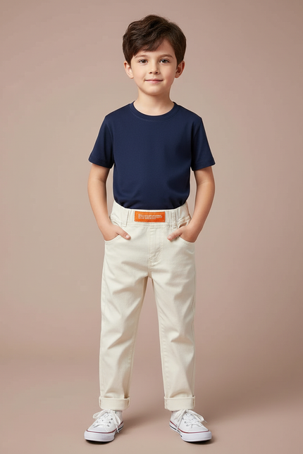Pantalon Chino Écru Coton Droit Enfant Décontracté - Beige