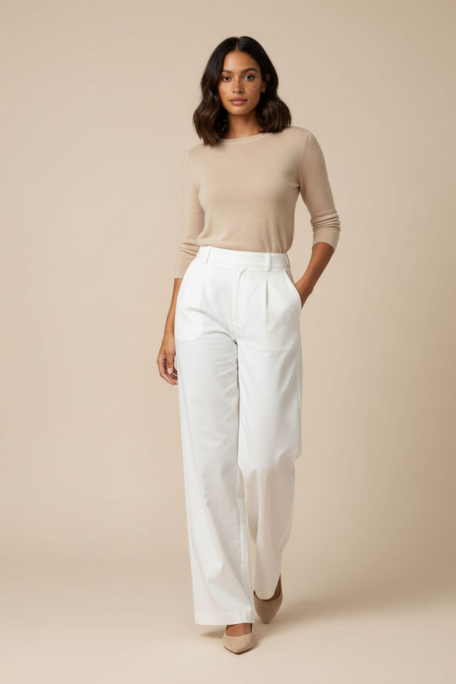 Pantalon Chino Blanc Taille Haute Jambe Large Décontracté - Gabardine
