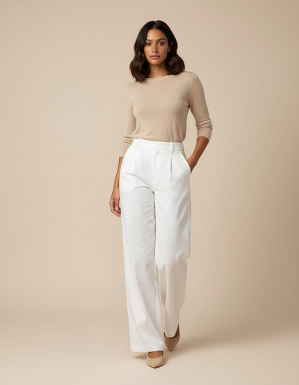 Pantalon Chino Blanc Taille Haute Jambe Large Décontracté - Gabardine