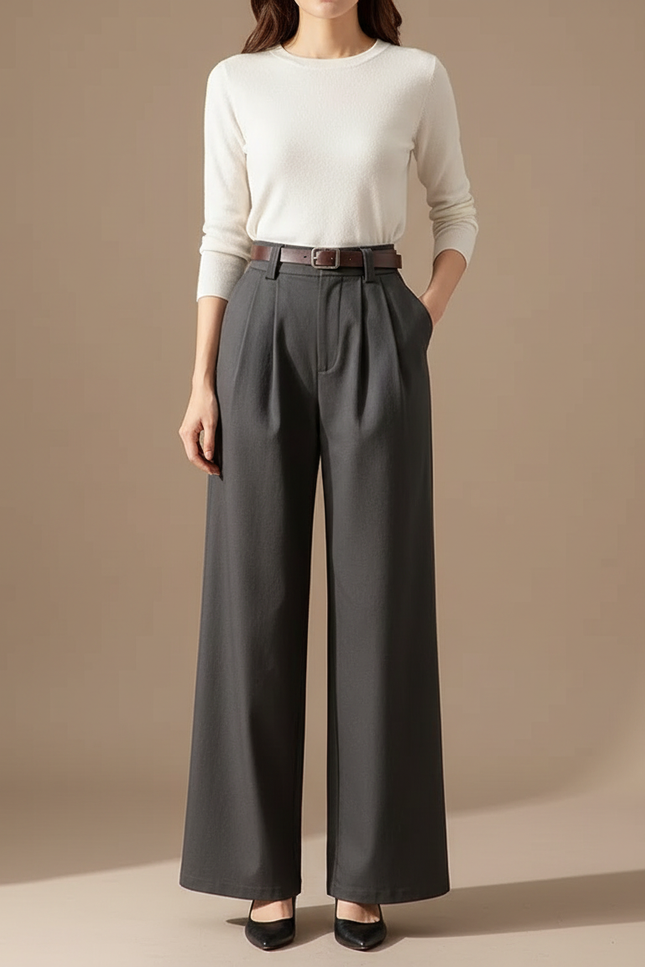 Pantalon Chino Gris Ample Élégant Femme - Gabardine