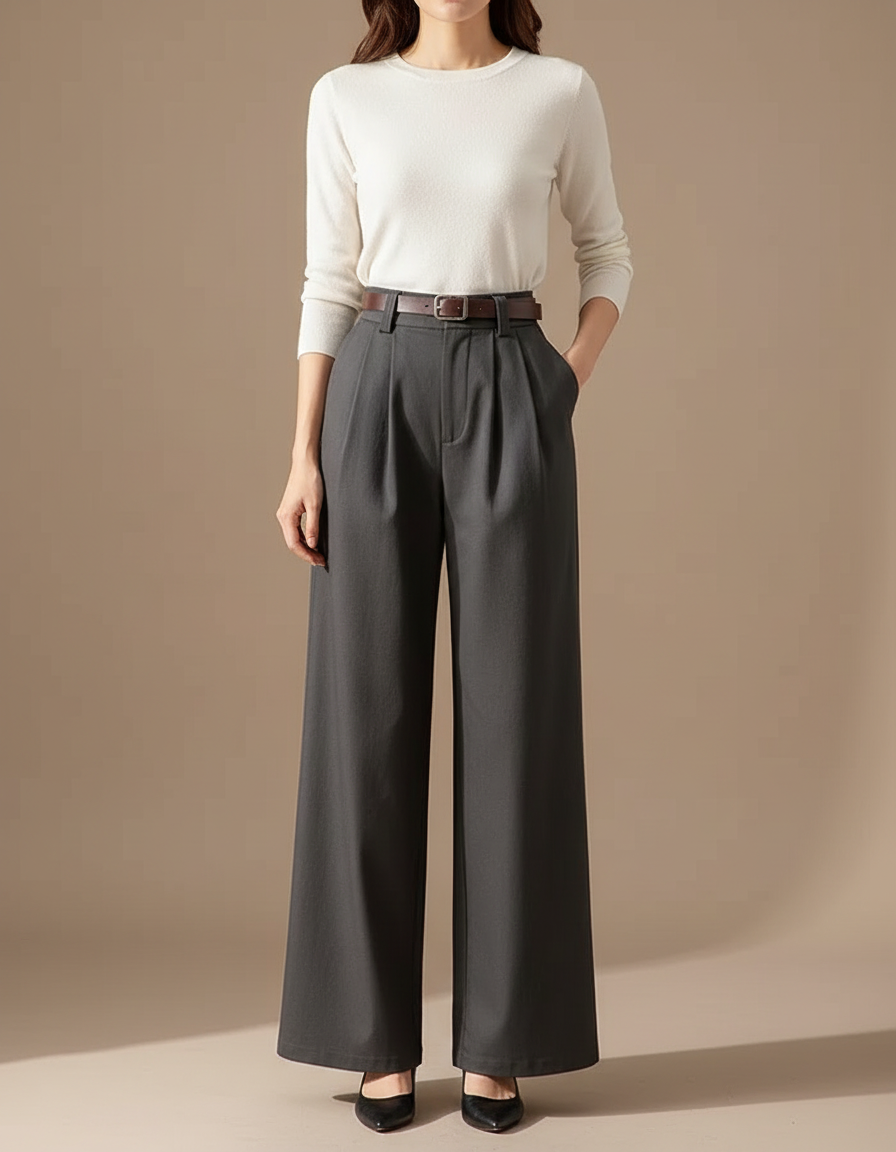 Pantalon Chino Gris Ample Élégant Femme - Gabardine